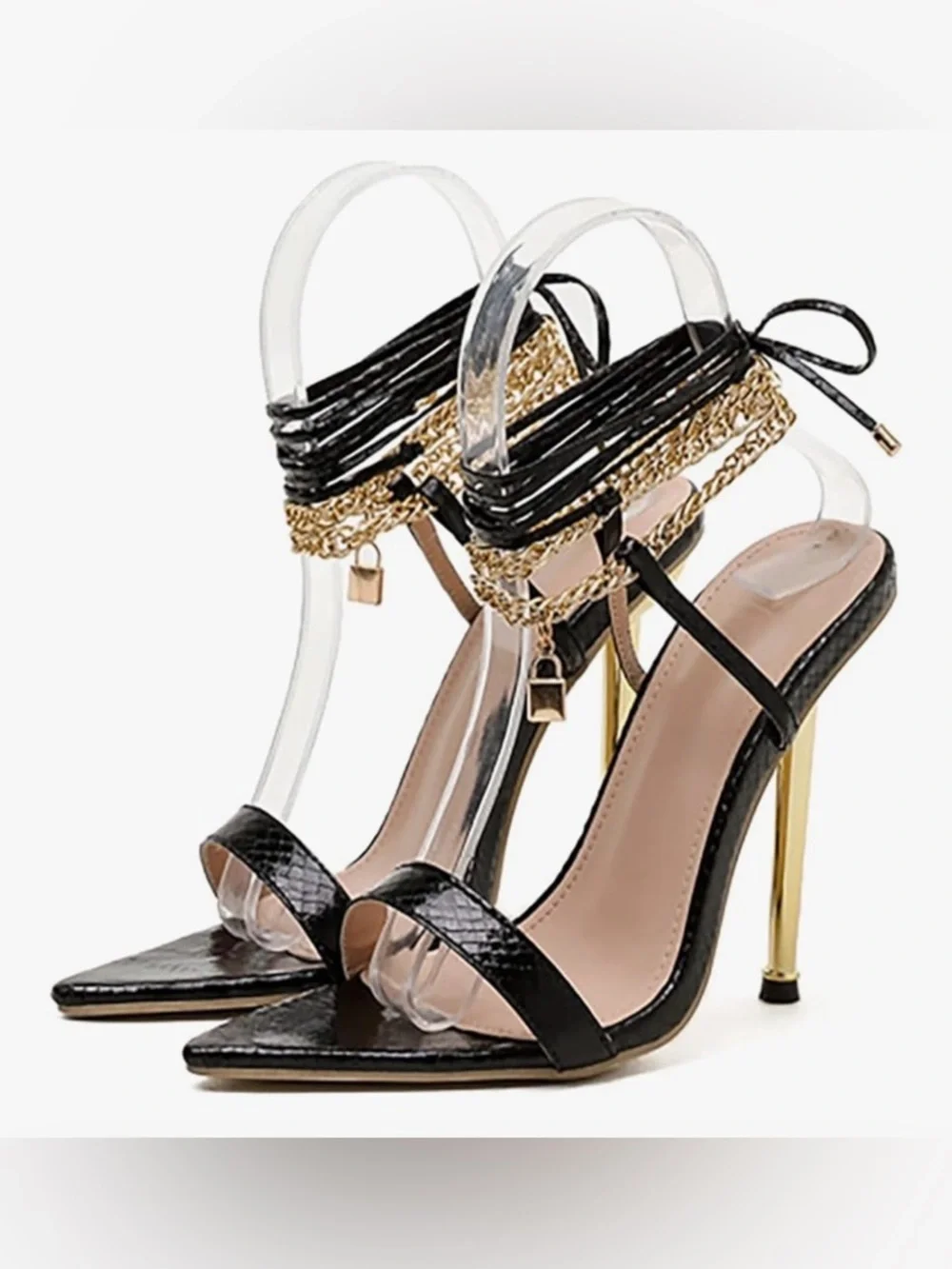 Lemonade Black Textured Pointed-Toe Slingback Heels with Gold Stiletto
